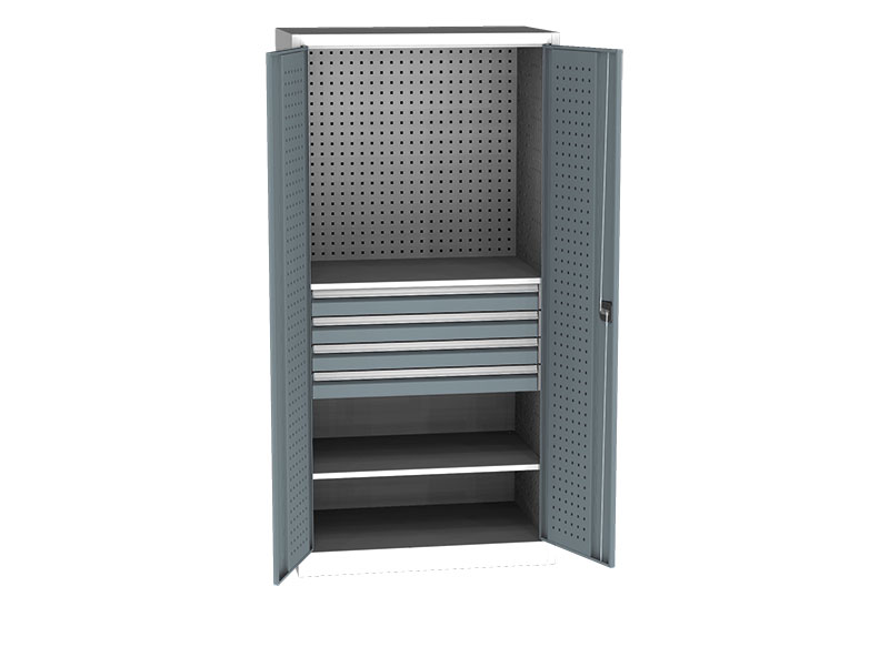 Univerzální dílenská skříň, 2 dvř., 2 pol., 4 zásuvky, (1950 x 950 x 600 mm) 153,5 kg MODROŠEDÁ