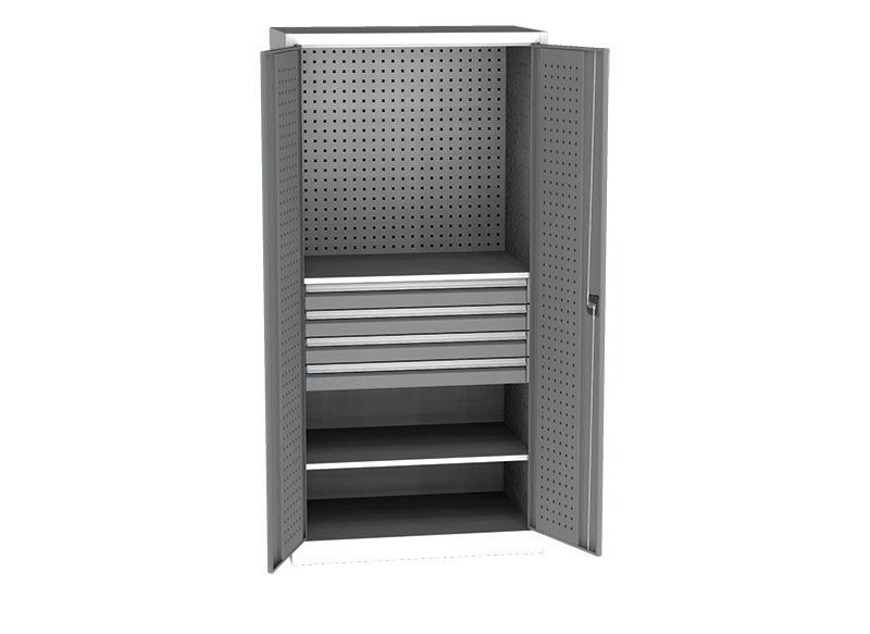 Univerzální dílenská skříň, 2 dvř., 2 pol., 4 zásuvky, (1950 x 950 x 600 mm) 153,5 kg ŠEDÁ