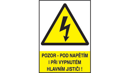 Pozor - pod napětím i při vypnutém hlavním jističi ! Fólie ( 9 x 3,2 cm - aršík 18 ks )
