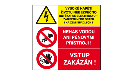 Vysoké napětí životu nebezpečno dotýkat se el. zařízení nebo drátů i na zem spadlých ! / Nehas vodou